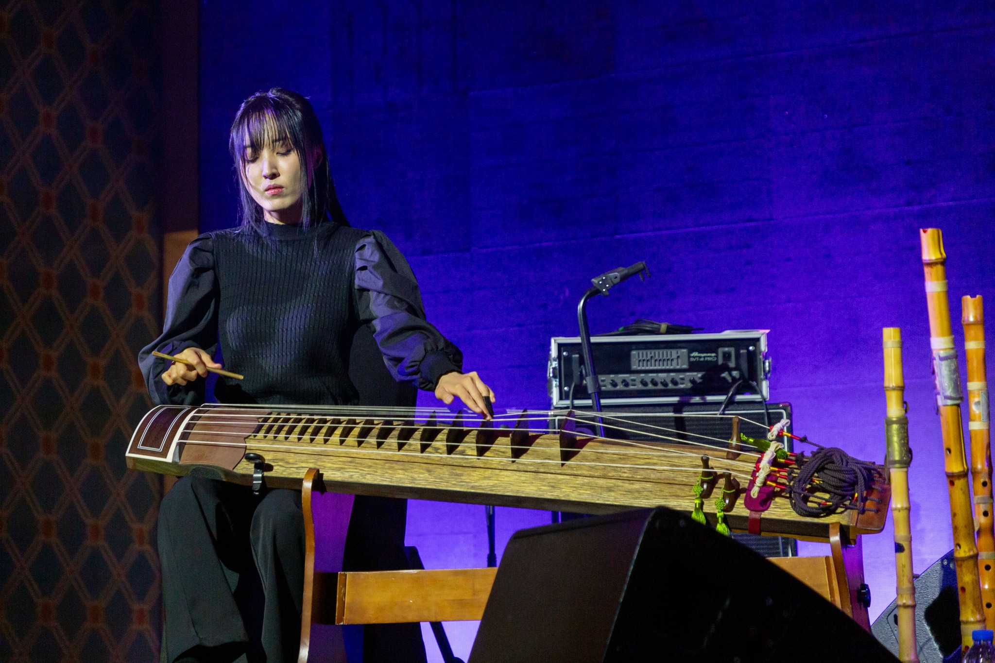 A member of the gugak (traditional music) and global music group Goraeya on Dec. 6, 2024, performs in a joint recital with the quartet SB Circle at the outdoor garden of the Cultural Foundation Abu Dhabi in the United Arab Emirates to mark the 